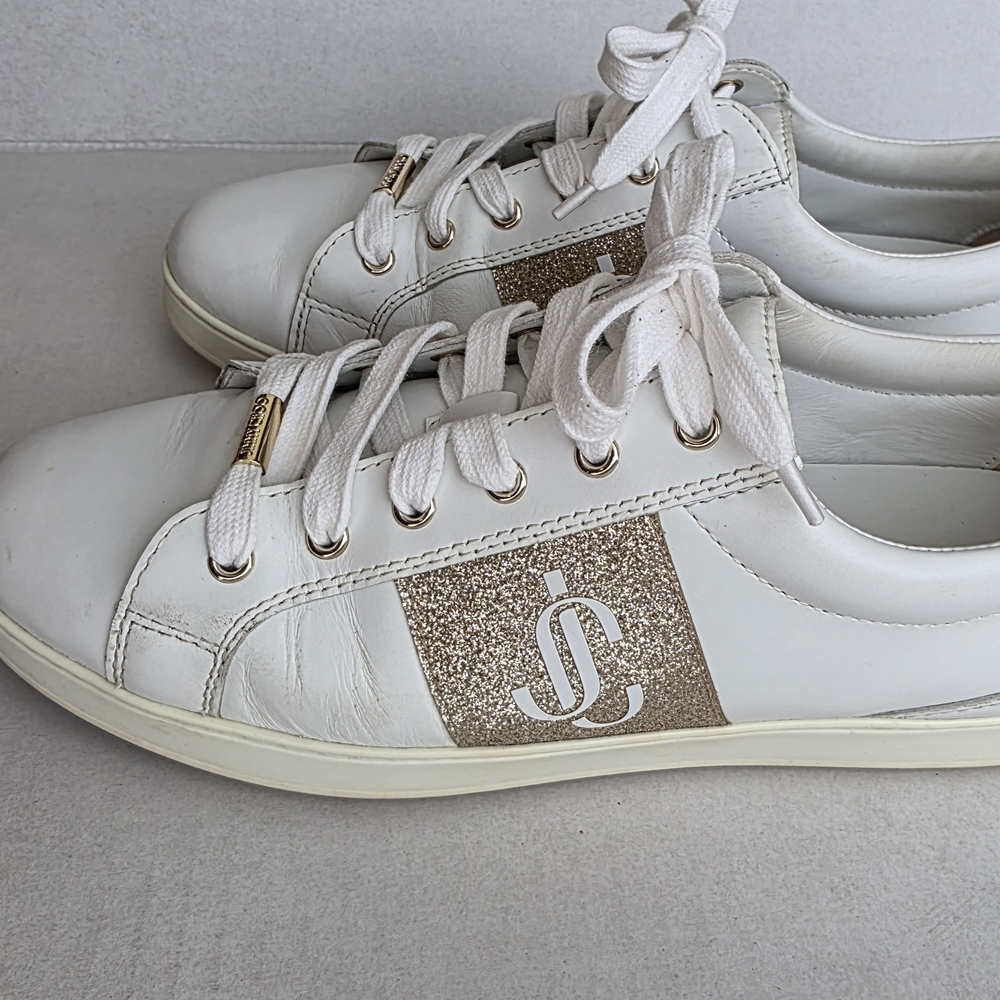 Jimmy Choo Cash White and Gold Women's Sneakers - Picture 3 of 12